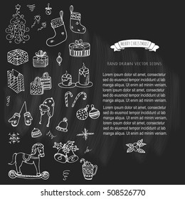 Set of hand drawn sketchy Merry Christmas elements. Doodle vector illustration elements: Candles, gift boxes, wreath, stocking, christmas tree, candy, canes, bells, holly decoration. Happy Holidays!