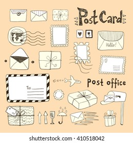 Set of hand drawn sketchy post stamp symbols, vector illustration