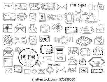 Set of hand drawn sketchy post stamp symbols. Vintage.Vector illustration.