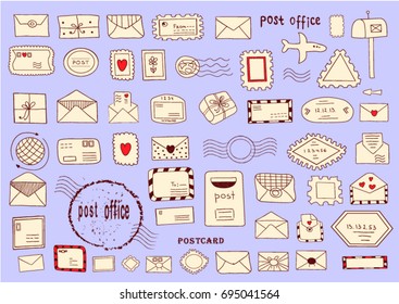 Set of hand drawn sketchy post stamp symbols. Postcard. Vector illustration.