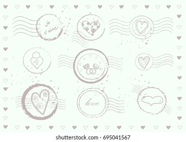 Set of hand drawn sketchy post stamp symbols. Postcard. Vector illustration.