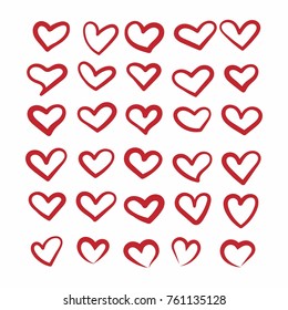 Set of hand drawn sketchy red heart icons design elements for Valentine's day. Vector illustration