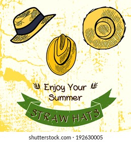 Set of hand drawn sketchy straw hats. Fashionable cartoon summer hats on grunge background with ribbon banner for the text.