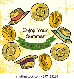 Set of hand drawn sketchy straw hats. Fashionable cartoon summer hats on grunge background with ribbon banner for the text.