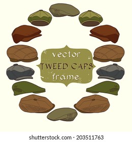 Set of hand drawn sketchy tweed caps. Fashionable cartoon hats on light background with banner for the text in the center of round frame.