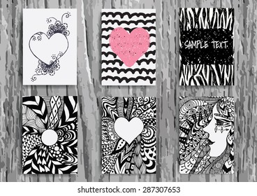 Set of hand drawn sketchy and zentangle on A4 template for print.