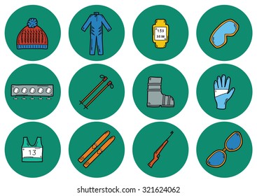 Set of hand drawn skiing icons: ski, hat, boots, glasses, rifle. Sport ot outdoors concept