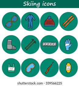 Set of hand drawn skiing icons: ski, hat, boots, glasses, rifle. Sport ot outdoors concept