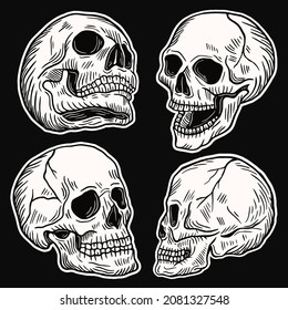 Set Hand drawn Skull Head Dark Art with Different Angel Hatching Outline Style illustration