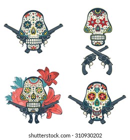 Set of hand drawn skulls with flowers and guns. vector iilustration