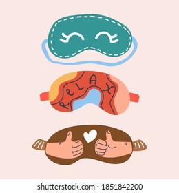 Set de máscara de ojo de sueño dibujado a mano con una tira linda. Protección y relajación en casa, en la carretera, en un viaje. Ilustración plana.