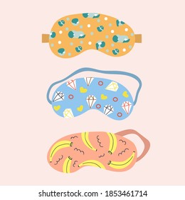 Set of hand drawn sleep eye mask with modern print. Protection and relaxation at home, on the road, on a trip. Flat illustration.