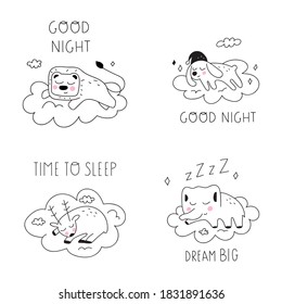 Set of hand drawn sleeping animals. Illustrations for greeting cards, textile, nursery, posters design.
