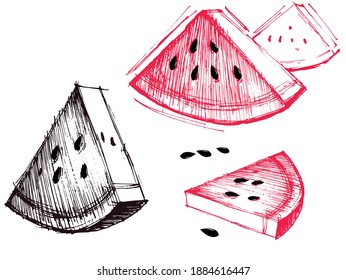 Set of hand drawn slice watermelon.