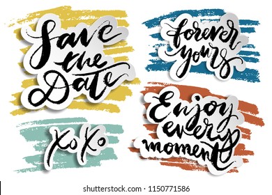 Set of hand drawn slogans with painted strokes on background. Lettering. Phrases and greetings by hand in marker drawn style.