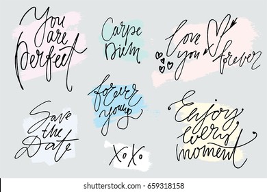 Set of hand drawn slogans with painted strokes on background. Lettering. Phrases and greetings by hand in marker drawn style.