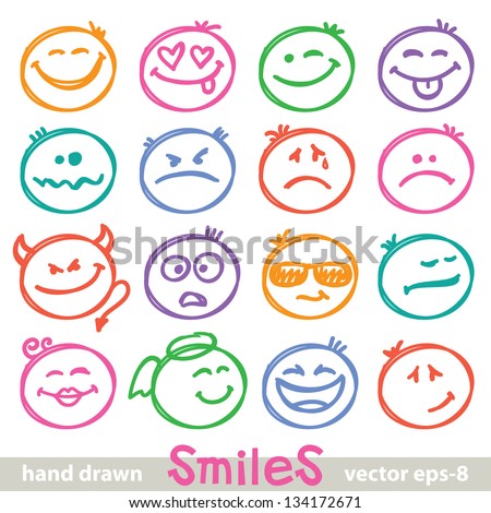 set of hand drawn smiles on white background