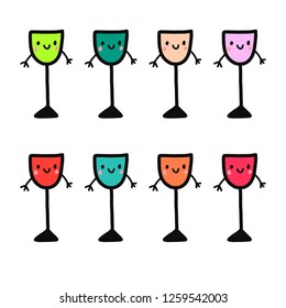 Set of hand drawn smiling glasses with hands colorful illustration for for prints posters banners presentation background stickers pins t shirts articles journals cards postcards alcoholic drinks
