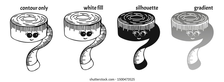 Set of hand drawn smiling kawaii tape measures in different versions (contour only, white fill, silhouette, gradient) in doodle style. Colored isolated cute cartoon vector illustration