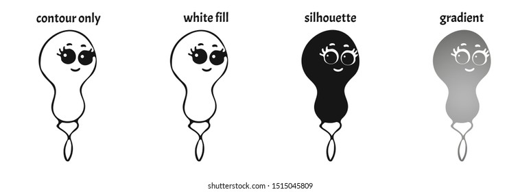 Set of hand drawn smiling kawaii needle threaders in different versions: contour only, white fill, silhouette and gradient. Isolated vector illustration in doodle or cartoon style