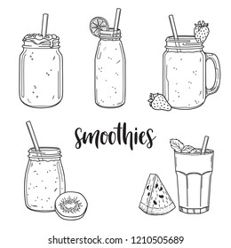 Set of hand drawn smoothies in jars, bottles and glasses with fruit ingredients