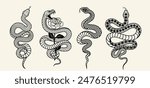 Set of hand drawn snake sketches. Engraved illustrations with venomous cobra and rose, reptiles, viper. Vintage design elements for tattoo or logo. Outline vector collection isolated on background