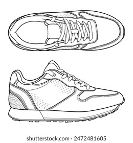 Set of hand drawn sneakers, gym shoes, top and side view. Image in different views - front, back, top, side, sole and 3d view. Doodle vector illustration.