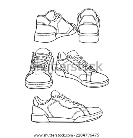 Set of hand drawn sneakers, gym shoes, top view. Image in different views - front, back, top, side, sole and 3d view. Doodle vector illustration. 