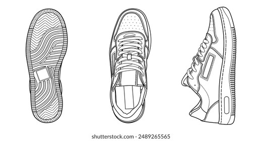 Set handgezeichneter Sneaker aus Retro-Vintage-Design, Turnschuhe, Draufsicht. Bild in verschiedenen Ansichten - vorne, hinten, oben, seitlich, Sohle und 3D-Ansicht. Doodle-Vektorillustration.