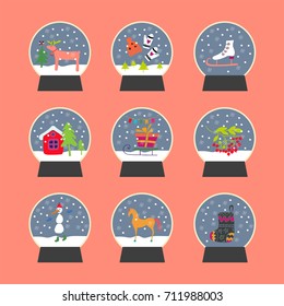 Set of hand drawn snow globe icon. Traditional Christmas ball.l Vector Illustration.