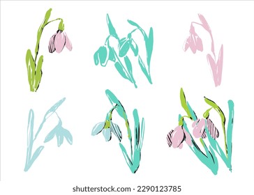 Set of hand drawn snowdrops. Spring flowers in handmade technique. Vector illustration. Crocuses for the design of invitations, cards and layouts.