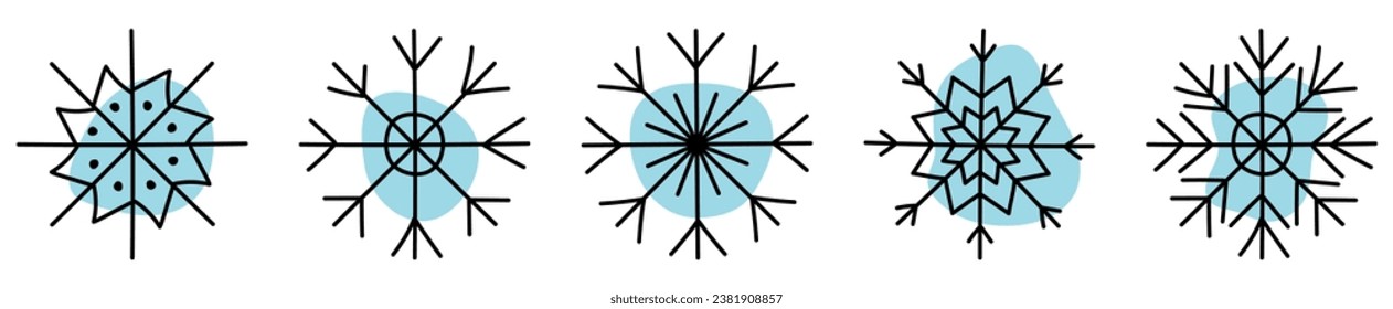 Conjunto de iconos de copos de nieve dibujados a mano con formas de fluido abstracto. Símbolos de nieve de invierno aislados en fondo blanco
