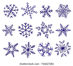 Set of hand drawn snowflake icons. Cartoon style vector illustration.