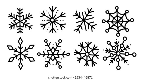 Conjunto de copos de nieve dibujados a mano. Línea negra dibujada linda silueta copo de nieve aislado en blanco. Elemento para el diseño de invierno. Colección de copos de nieve tinta a mano alzada. Ilustración vectorial