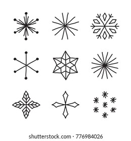 Set of hand drawn snowflakes. Delicate snow icon silhouettes. Vector illustration with editable strokes. Isolated on white background. Design elements for christmas, seasonal greetings, or any use.
