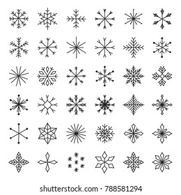 Set of hand drawn snowflakes. Delicate snow icon silhouettes. Vector illustration with editable strokes. Isolated on white background. Winter design elements for christmas and seasonal greetings.