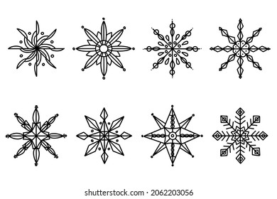Juego de copos de nieve dibujados a mano, estilo doodle. Los copos de nieve son dibujados con una línea negra de fantasía infantil. Ilustración vectorial para el diseño de fondo festivo.