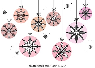 Set of hand drawn snowflakes on Christmas balls toys, doodle style. Snowflakes are drawn with black line from childs fantasy, Christmas decorations on hanger. Vector illustration for design.