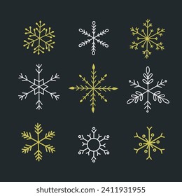 Conjunto de copos de nieve dibujados a mano sobre fondo oscuro. Conjunto de ilustraciones vectoriales. 