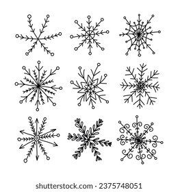 Set of hand drawn snowflakes of various shapes. Snowflakes in doodle style for winter design.  Snowflake icon. Winter elements for cards, fabrics, textiles, paper, wallpaper. Vector illustration