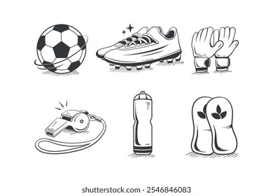 Set of hand drawn soccer ball equipment. Sketch illustration football