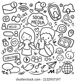 Set of Hand Drawn Social Media Doodle Line Art Vector Illustration