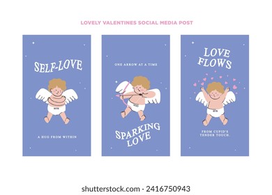 Set of hand drawn social media templates with cute cupids with different poses and facial emotions for Valentine's Day promotion in a set for banner, feed, background, card, and ads svg
