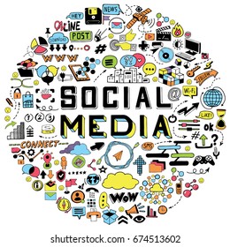Set of Hand Drawn Social Media Objects, Signs and Symbols Doodles Elements.