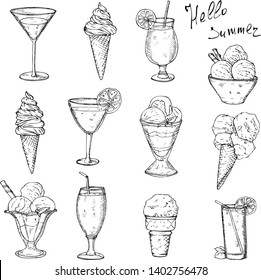 Set of hand drawn  soft drinks and ice creams. Elements isolated on white for cafe menu.  Calligraphy phrase Hello Summer. Black and white.