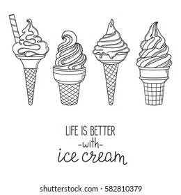 Set of hand drawn soft serve ice cream cones. Life is better with ice cream lettering