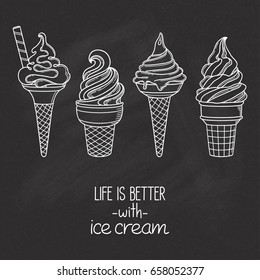 Set of hand drawn soft serve ice cream cones over chalkboard texture