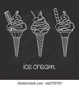 Set of hand drawn soft serve ice cream cones with cookies and cherry over chalkboard texture