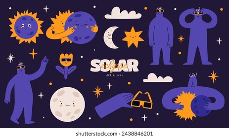 A set of hand drawn solar eclipse elements, as well as silhouettes of people in solar eclipse glasses. Abstract modern fashion vector illustration. Colorful palette. All elements isolated