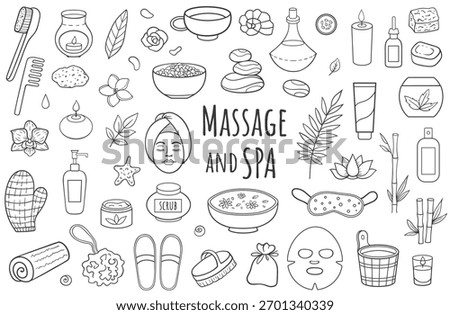 Set of hand drawn SPA and massage salon treatments design elements, aromatherapy oils, candles and bodycare soap. 